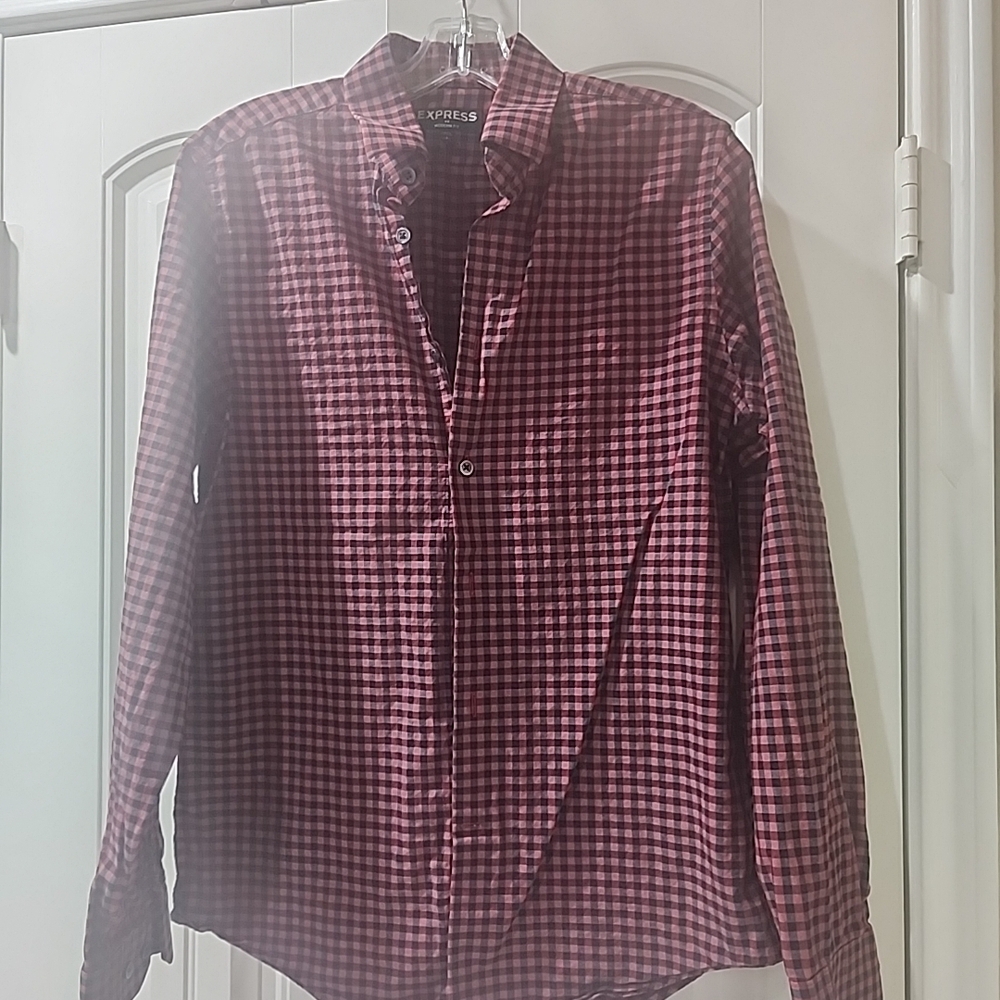 Express Men's Burgundy and Black Plaid Shirt